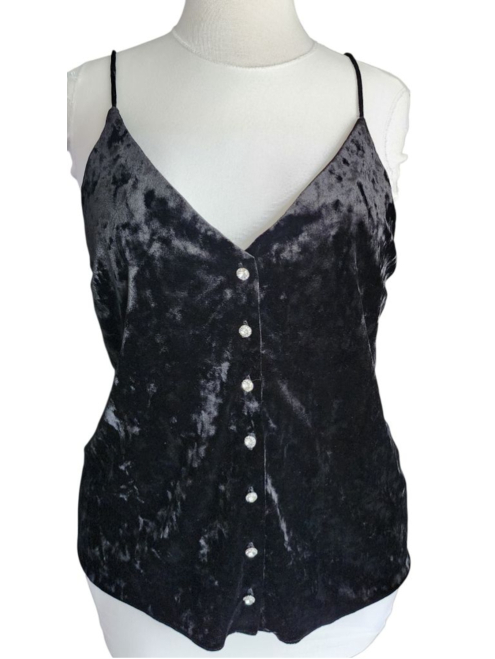 Topshop Black Crushed Velvet Cami Top Size 12 Crystal Rhinestone Camisole